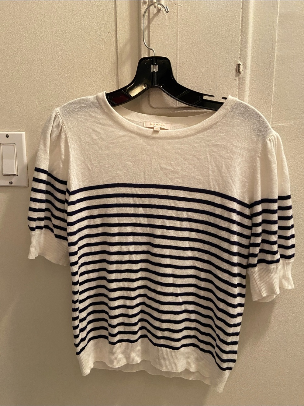 Skies Are Blue White and Navy Striped Puff Sleeve Top
